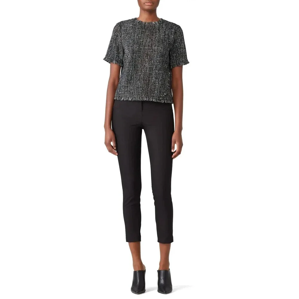 GREYLIN Tati Tweed Fringe Top XS Black Short Sleeve Crewneck Button Back EUC B32